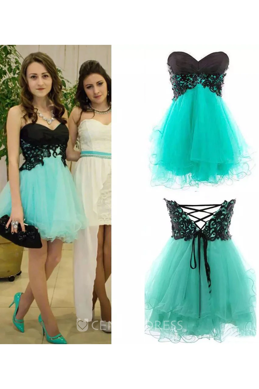 A-line Short Mini Sleeveless Sweetheart Pleats Lace Tulle Homecoming Dress