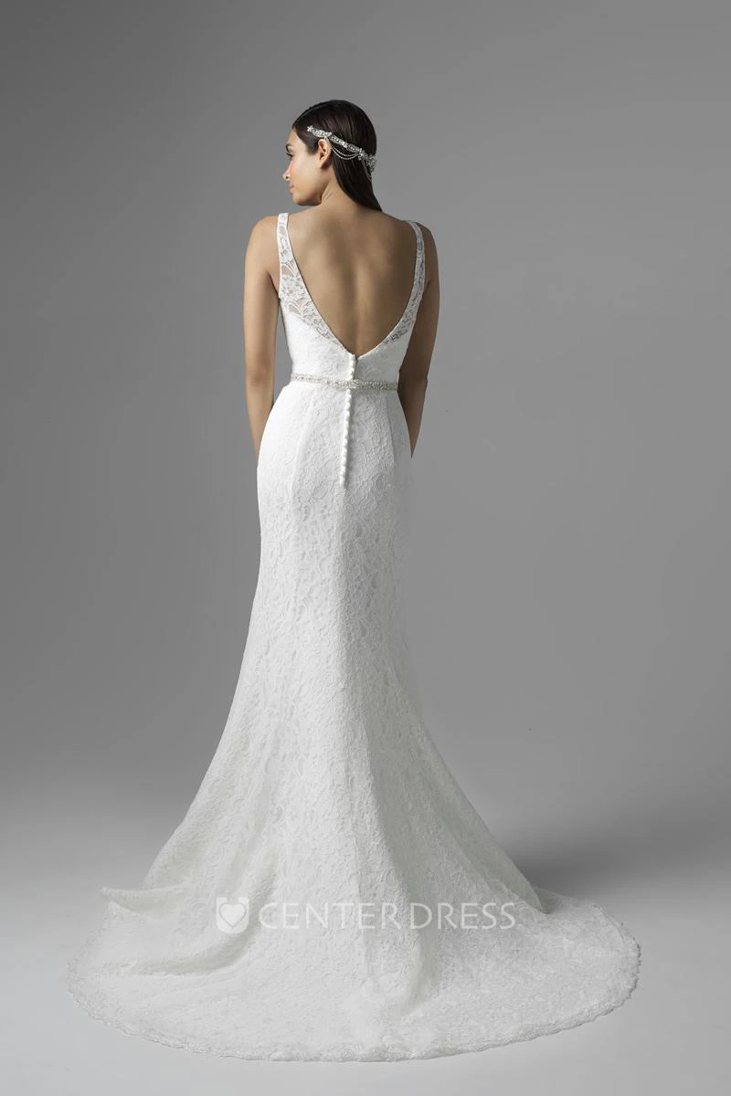 Trumpet Sleeveless V-Neck Long Appliqued Lace Wedding Dress With Waist Jewellery And Deep-V Back
