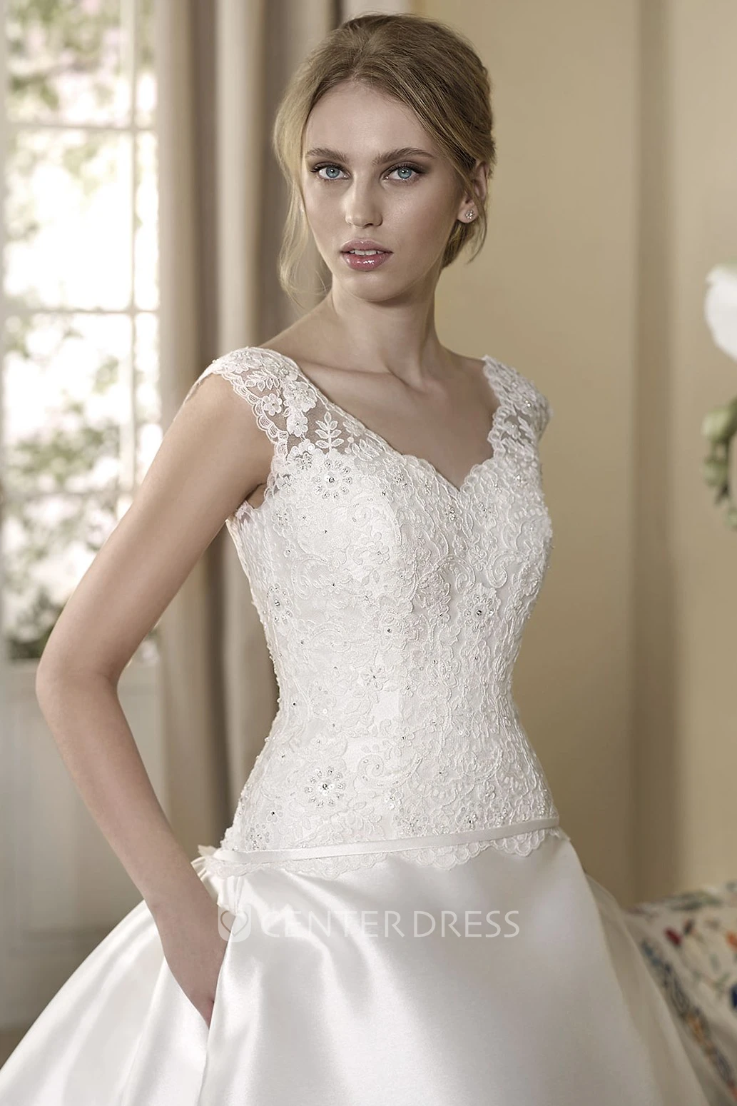 Ball Gown Sleeveless V-Neck Floor-Length Appliqued Satin Wedding Dress