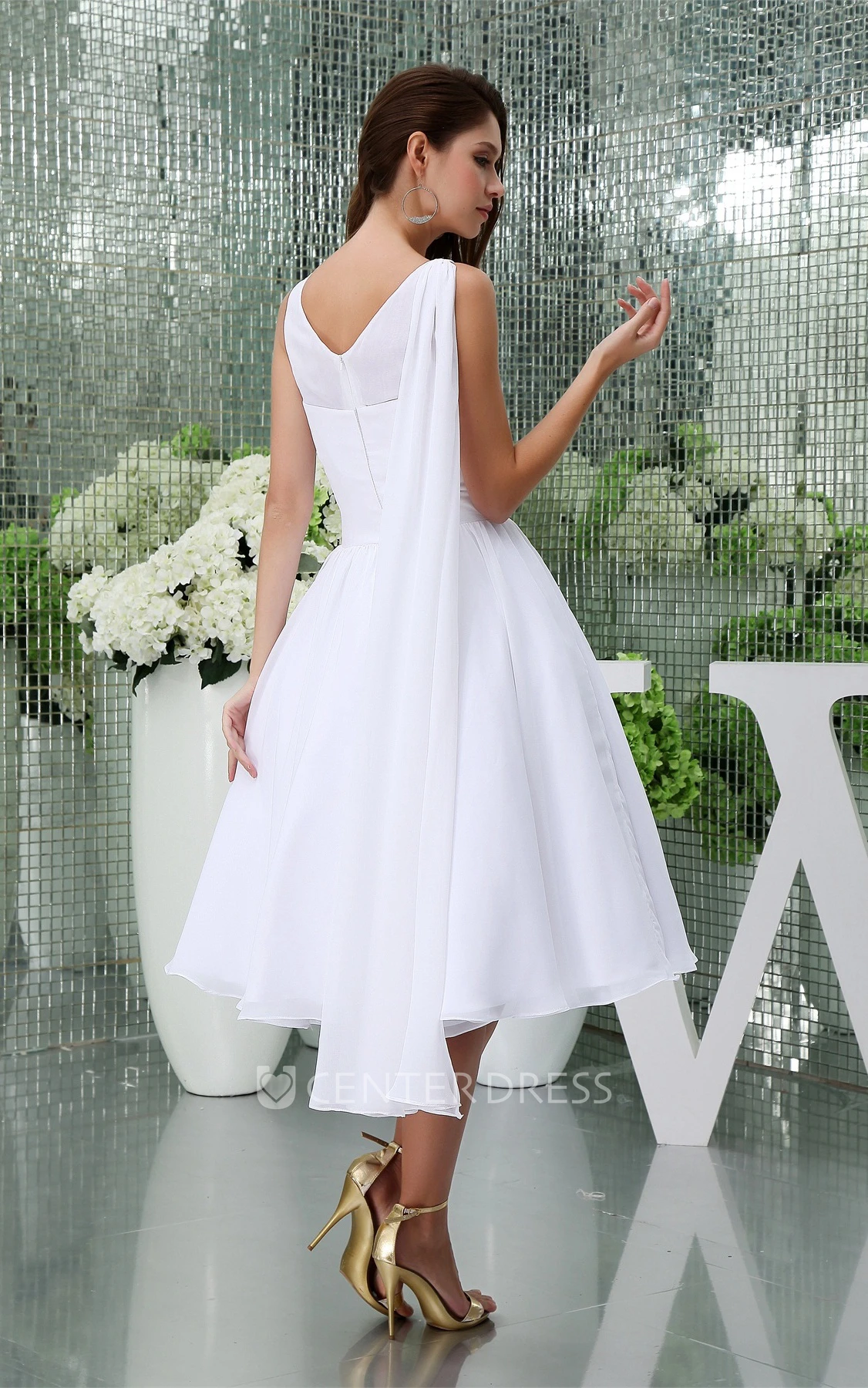 Sleeveless Chiffon A-Line Tea-Length Dress with Pleats
