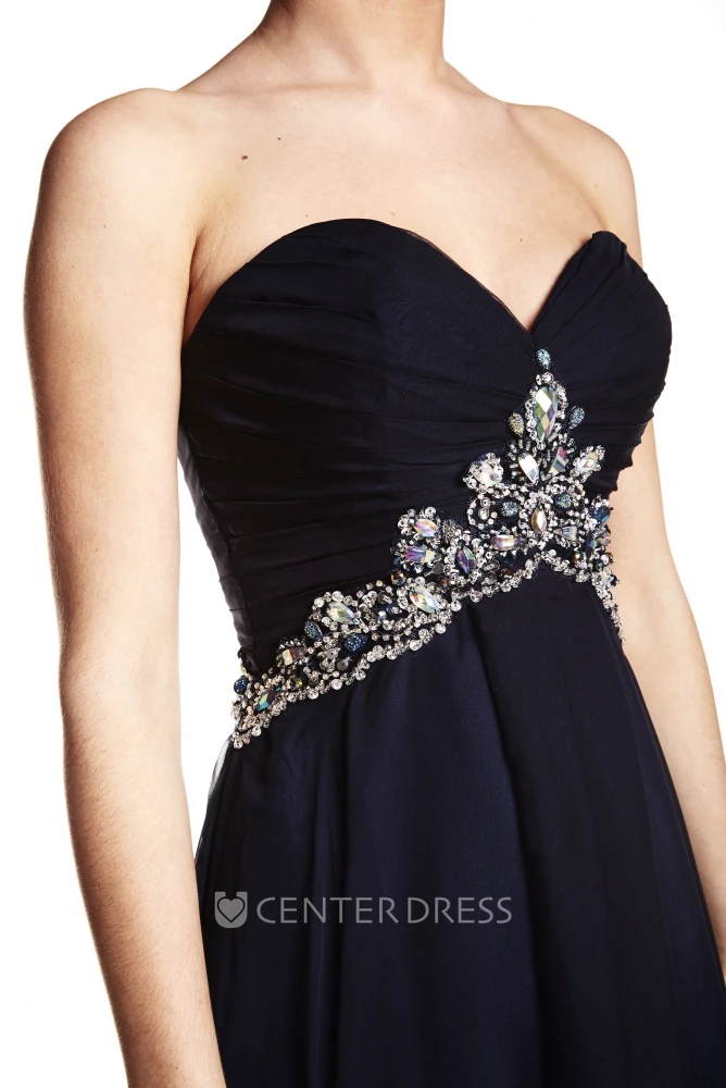 Maxi Sleeveless Sweetheart Ruched Chiffon Prom Dress With Beading