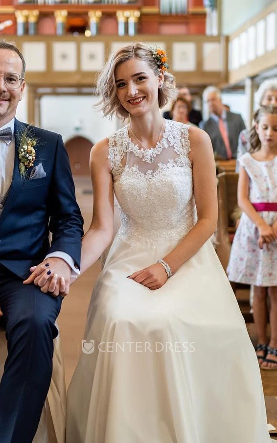 Jewel Chiffon A-Line Modest Wedding Dress Sleeveless With Brush Train