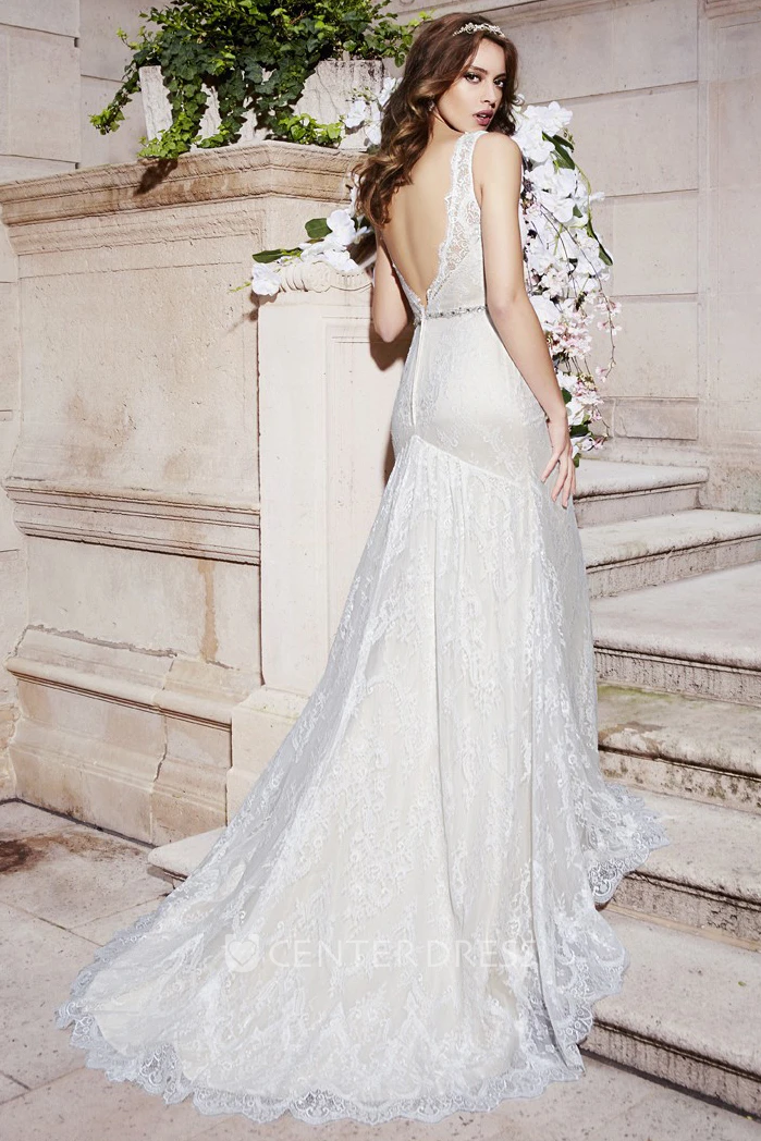 Sheath Sleeveless Bateau Appliqued Floor-Length Lace Wedding Dress With Waist Jewellery And Deep-V Back