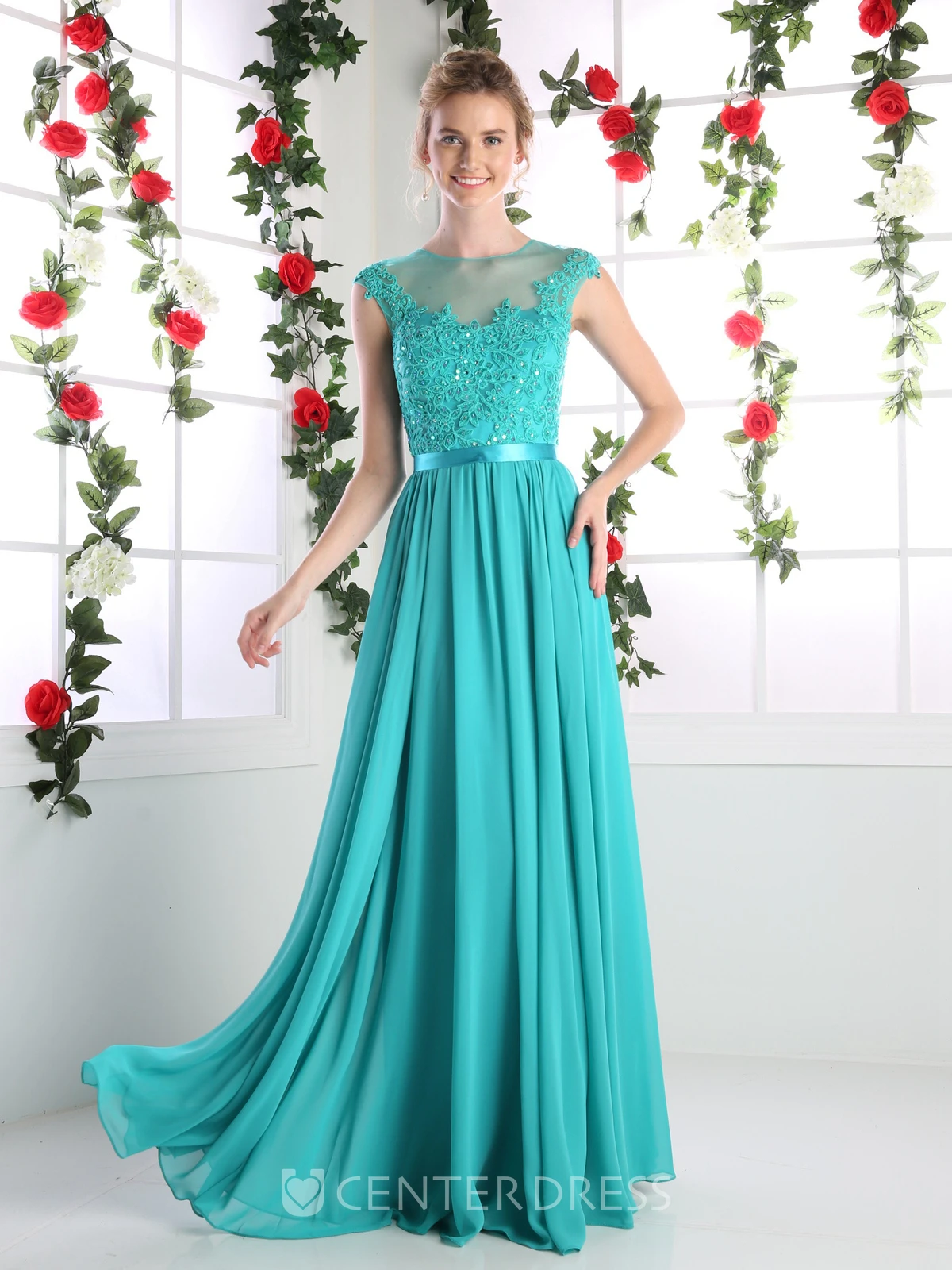 A-Line Jewel-Neck Cap-Sleeve Chiffon Illusion Dress With Lace And Pleats