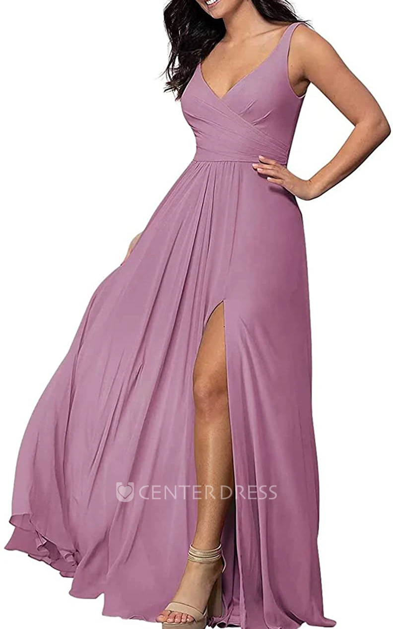 Chiffon Floor-length V-neck A Line Sleeveless Bridesmaid Dress With Criss Split Front