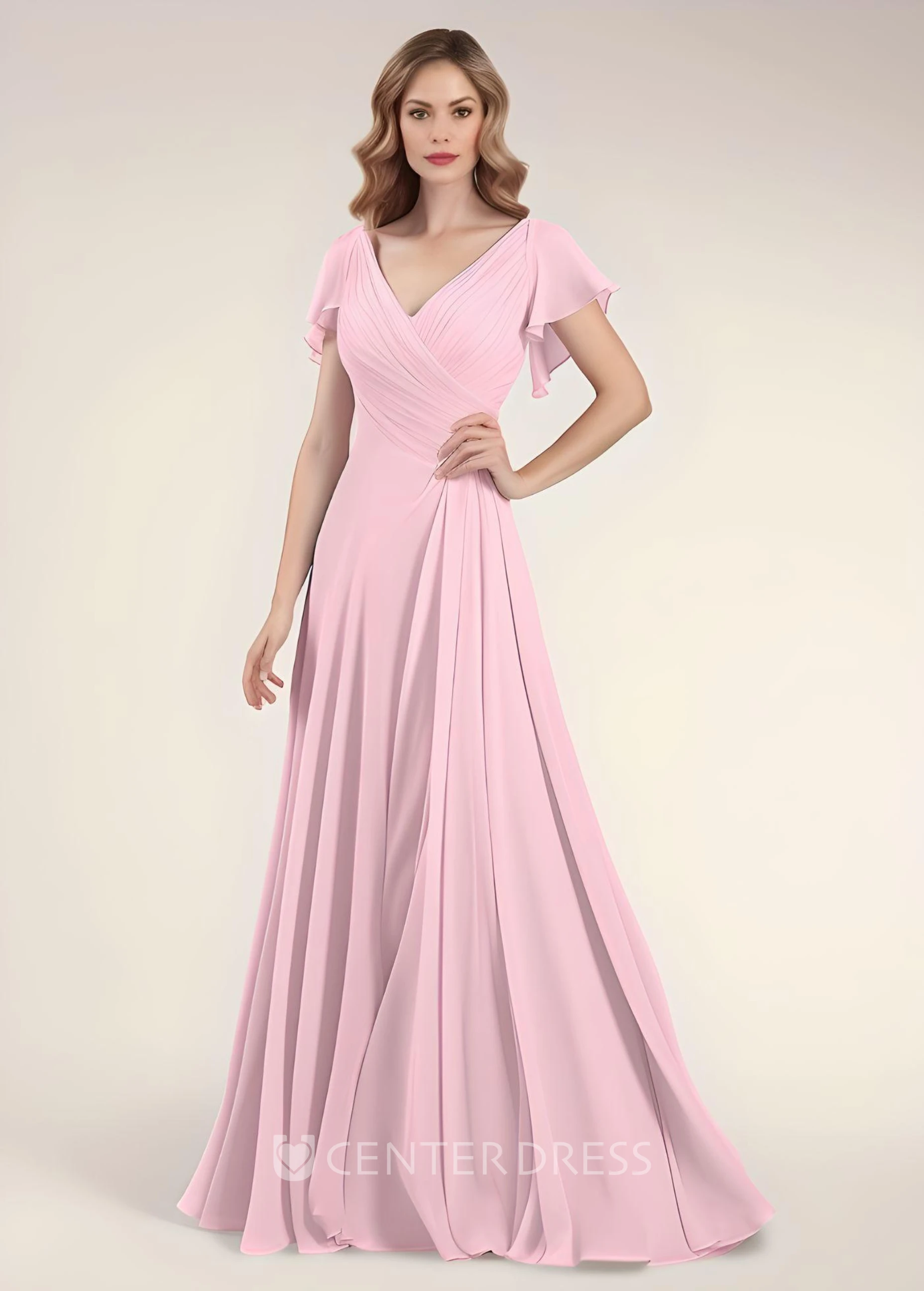 Elegant Chiffon A-Line Mother of the Bride Dress Floor-length Beautiful Short Sleeve