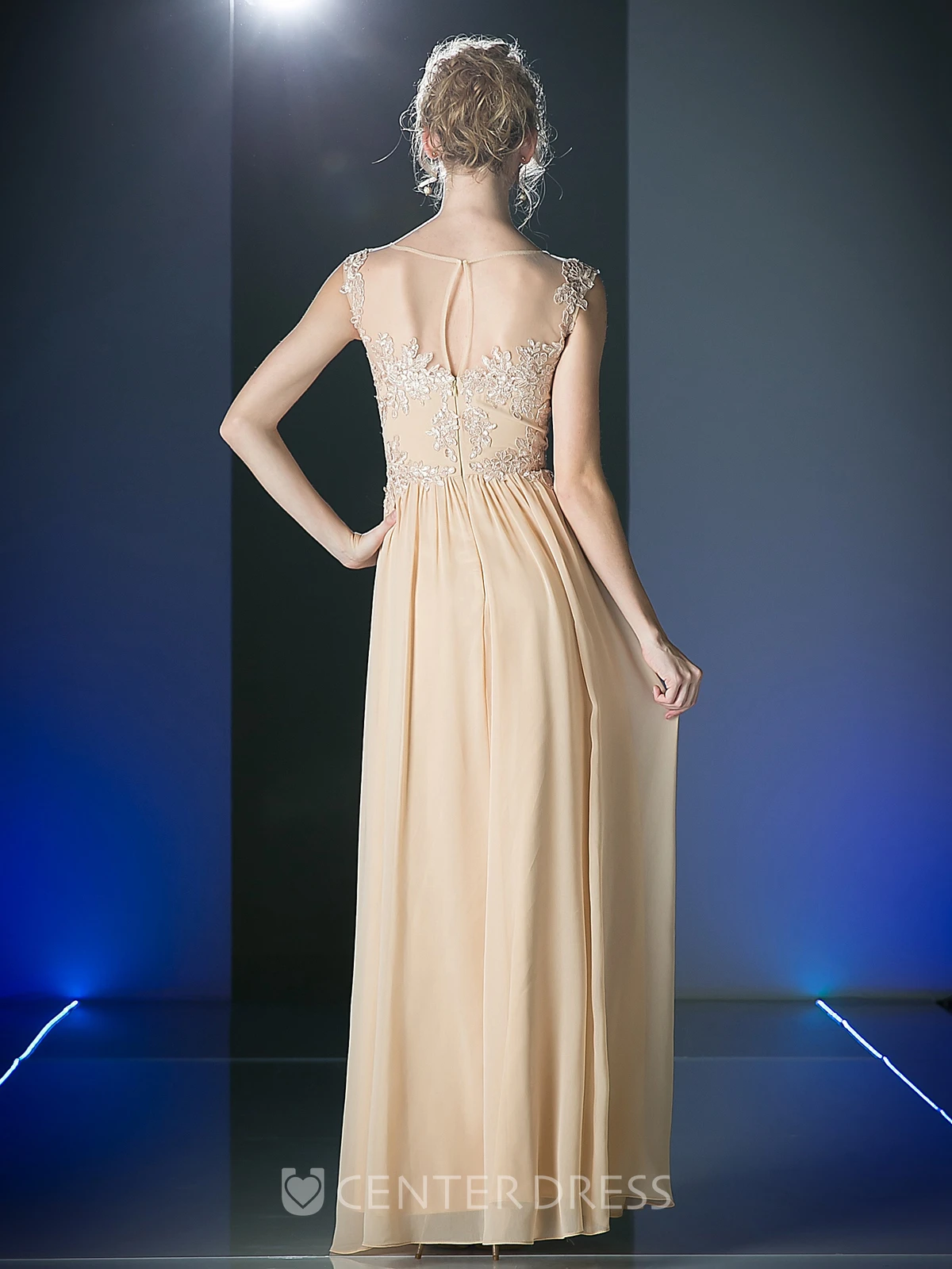 Sheath Ankle-Length Scoop-Neck Sleeveless Chiffon Illusion Dress With Appliques
