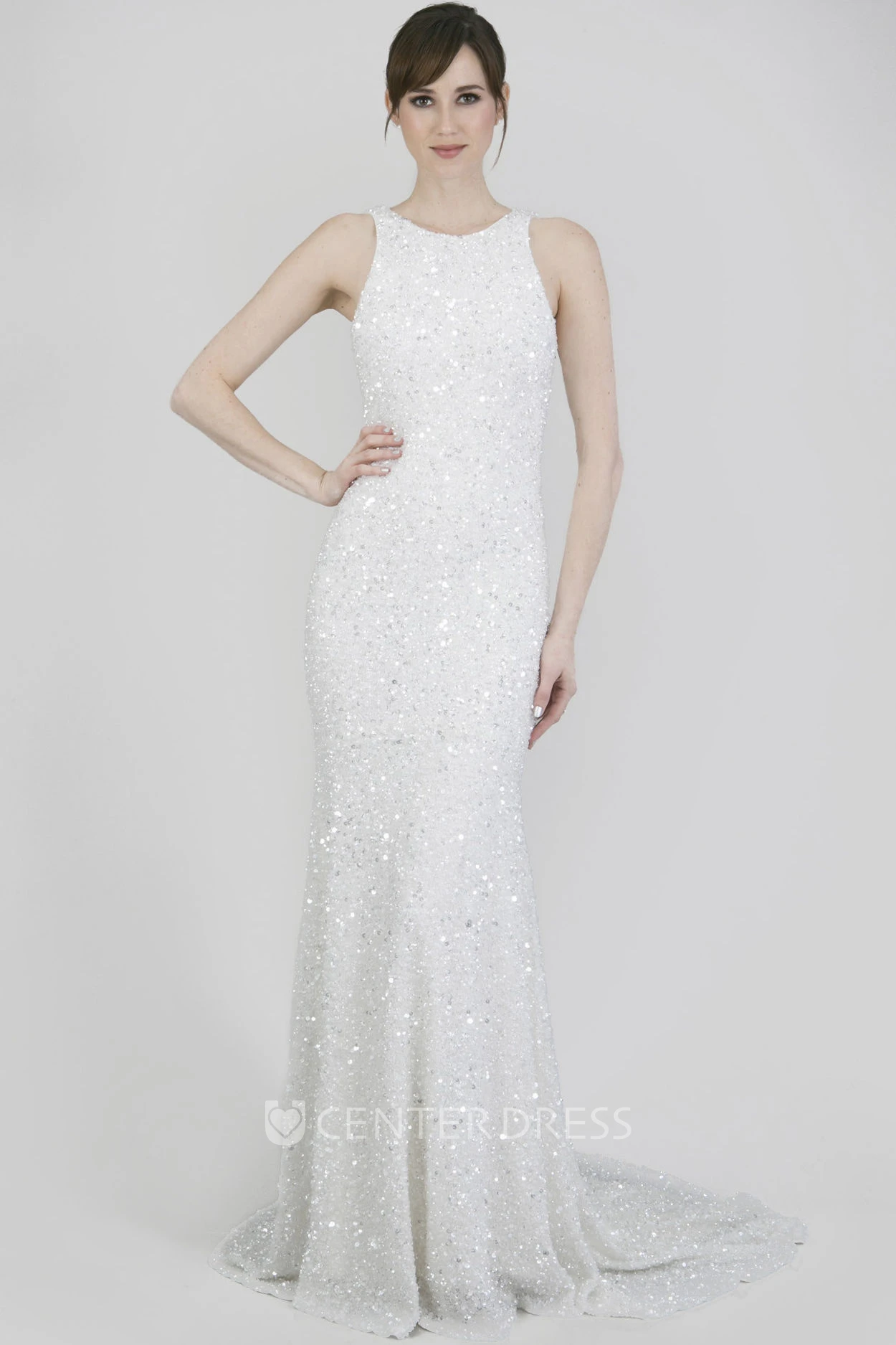 Sheath Floor-Length Sleeveless Beaded Jewel Sequins Wedding Dress With Deep-V Back And Sweep Train