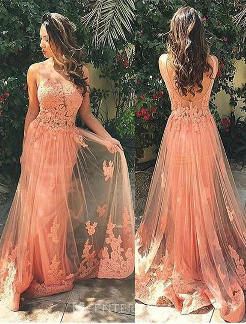 Gorgeous Sleeveless Lace Prom Dress Tulle Open Back