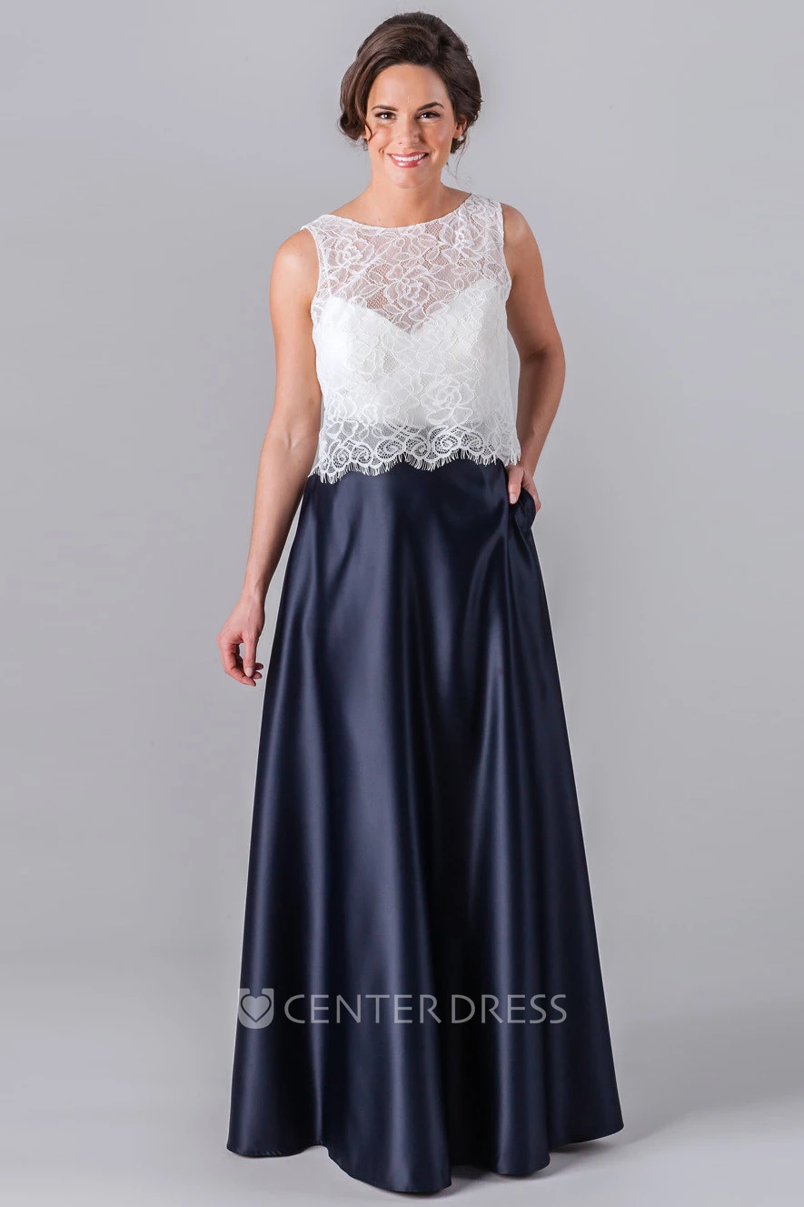 Floor-Length Lace Sleeveless Scoop Neck Satin Bridesmaid Dress