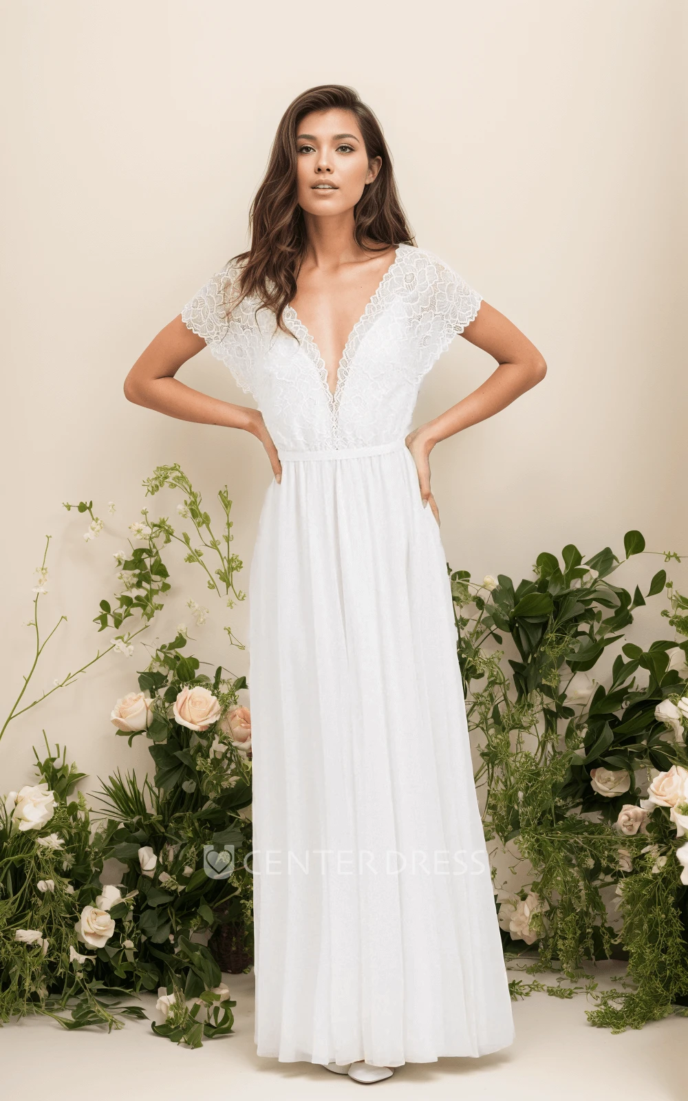Short Sleeve Plunging Neckline Boho Lace Sexy A-Line Floor-length Wedding Dress with Ribbon Deep-V Back