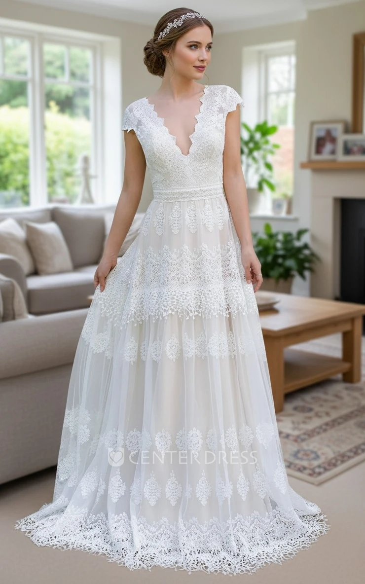 Vintage Lace Boho Beach Cap Sleeves Wedding Dress Romantic Country A-Line Deep V Neck Open Back Bridal Gown