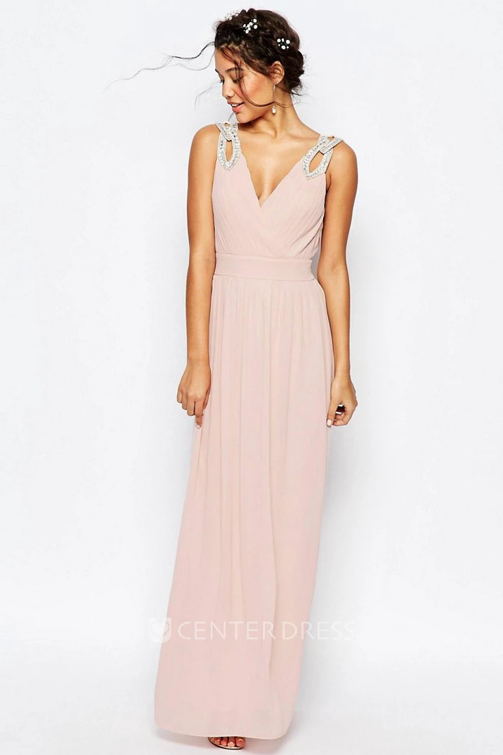 Sheath V-Neck Beaded Sleeveless Floor-Length Chiffon Bridesmaid Dress With Ruching And V Back