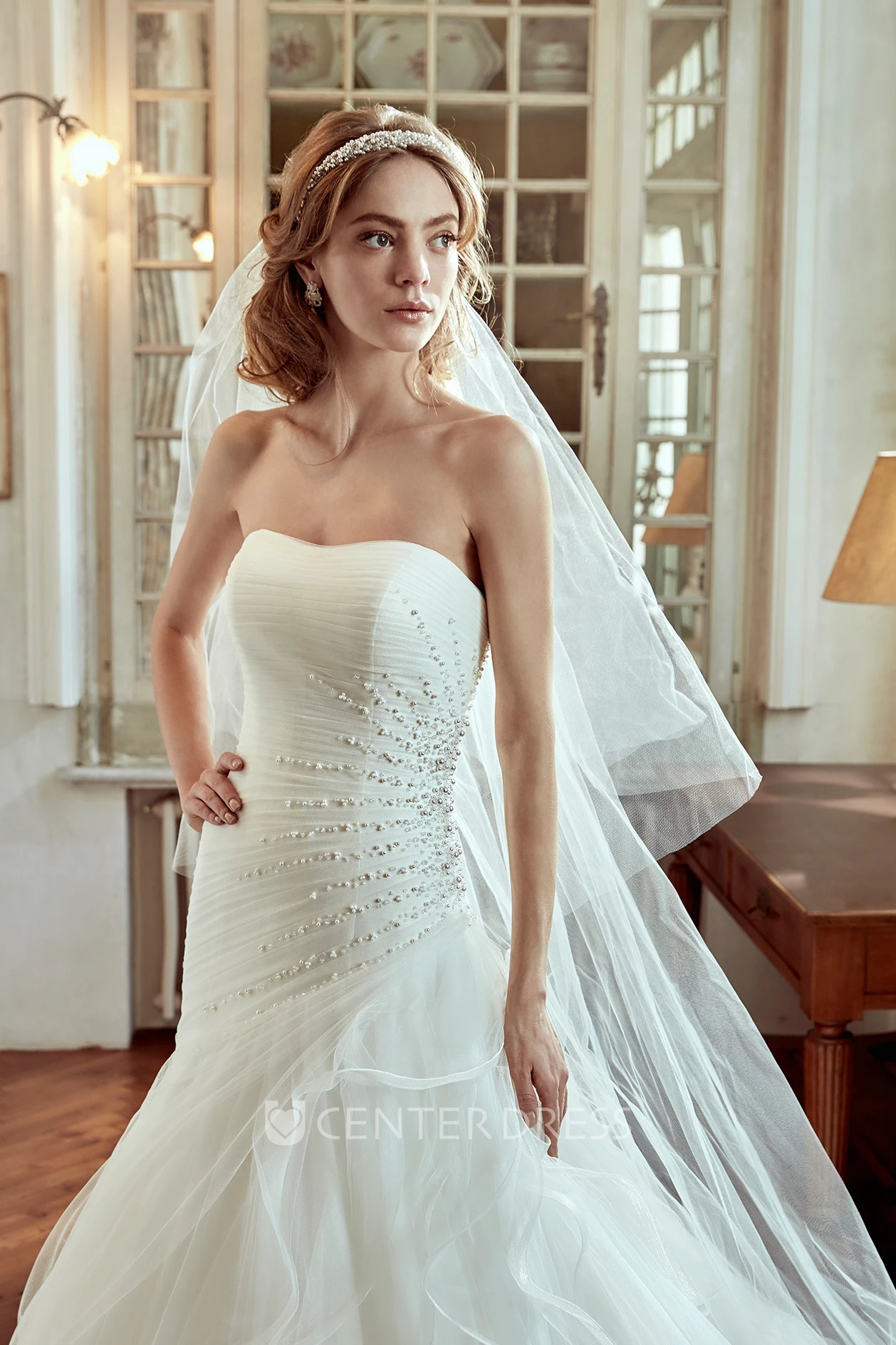 Strapless Wedding Dress With Side Draping and Pearl Embellishment 