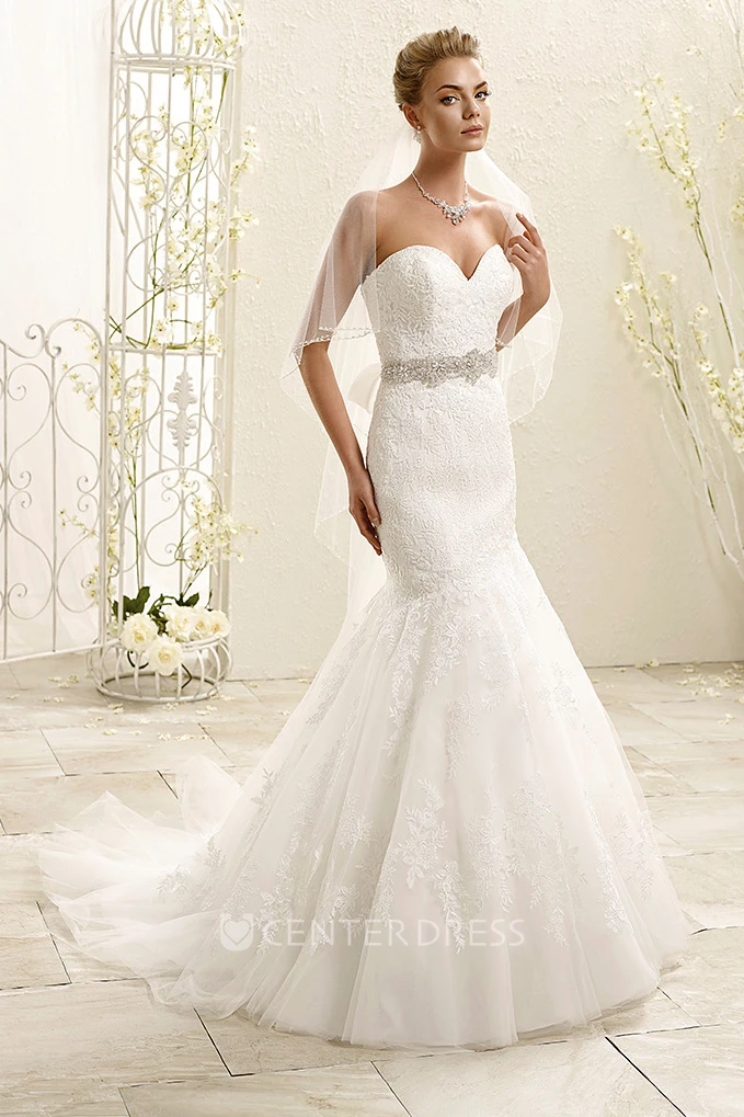 Mermaid Jeweled Sweetheart Lace Wedding Dress With Sweep Train