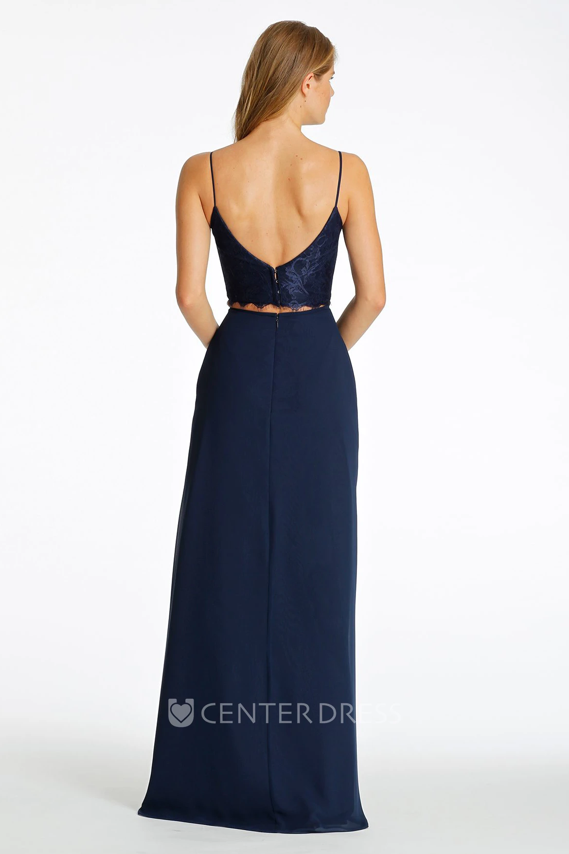 Sleeveless Spaghetti Appliqued Chiffon Bridesmaid Dress With Low-V Back