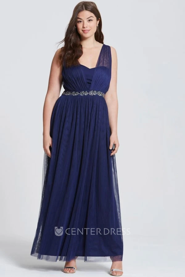 Ankle-Length Ruched Sleeveless V-Neck Tulle Bridesmaid Dress