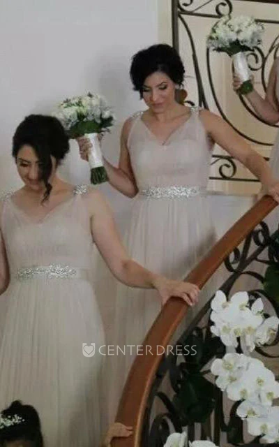 A-line Long V-neck Sleeveless Bell Beading Zipper Tulle Dress