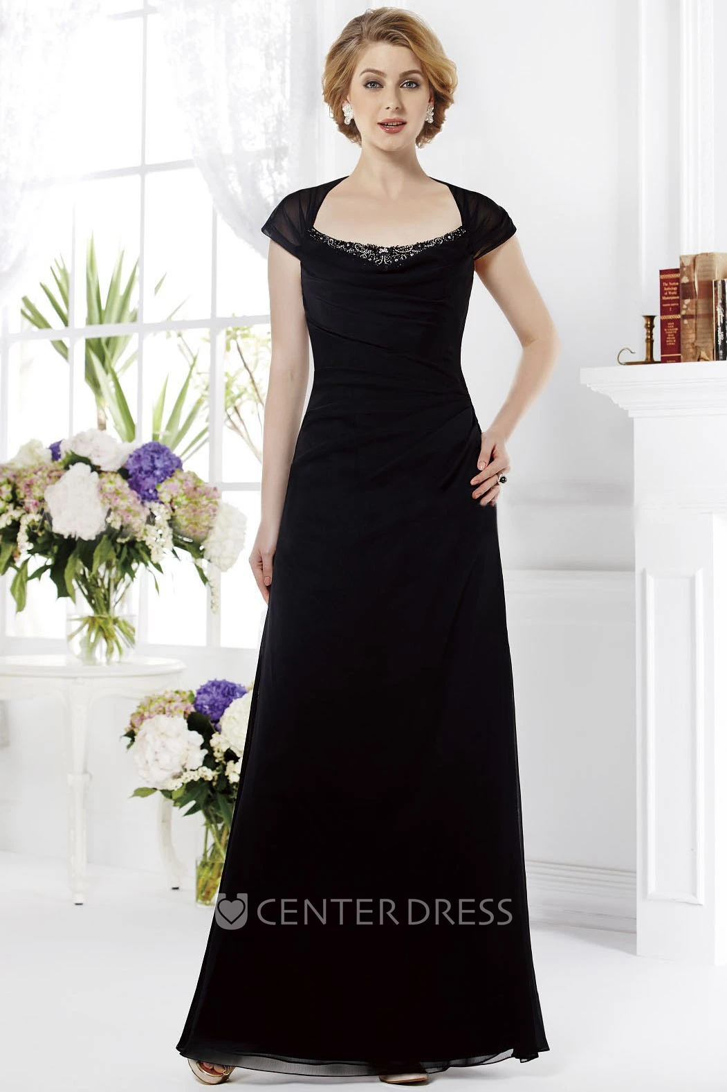 Cap-Sleeved Square-Neck Long Mother Of The Bride Dress With Crystals