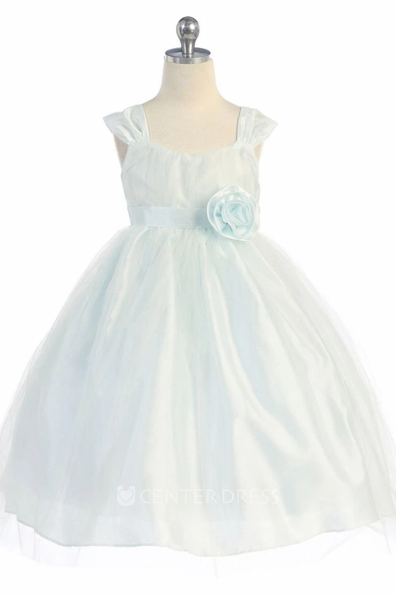 Tea-Length Straps Empire Tiered Tulle Flower Girl Dress