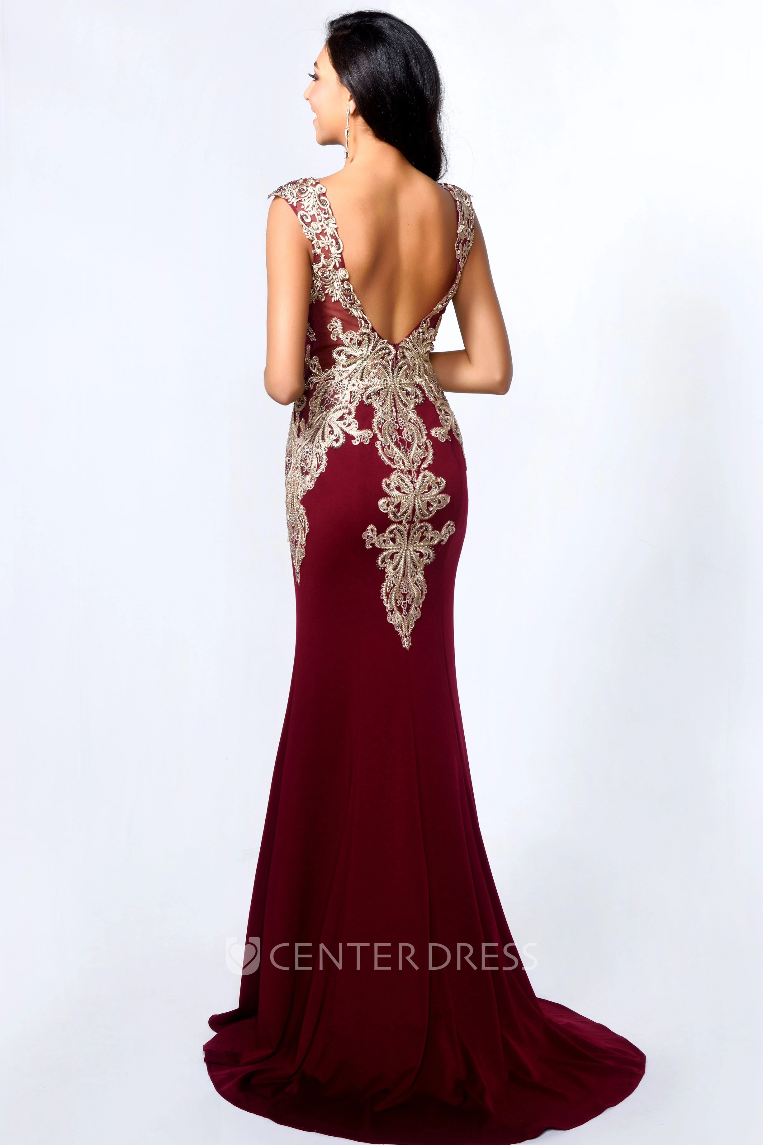 Sheath Scoop-Neck Sleeveless Jersey Low-V Back Dress With Beading