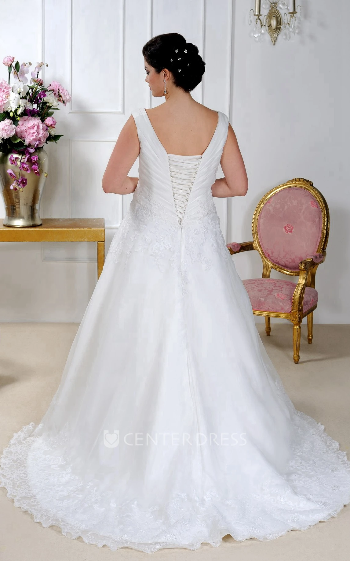 Plunged Sleeveless A-Line Lace Dress With Corset Back