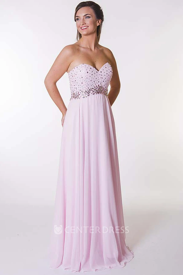 A-Line Sweetheart Sleeveless Beaded Long Chiffon Prom Dress With Pleats