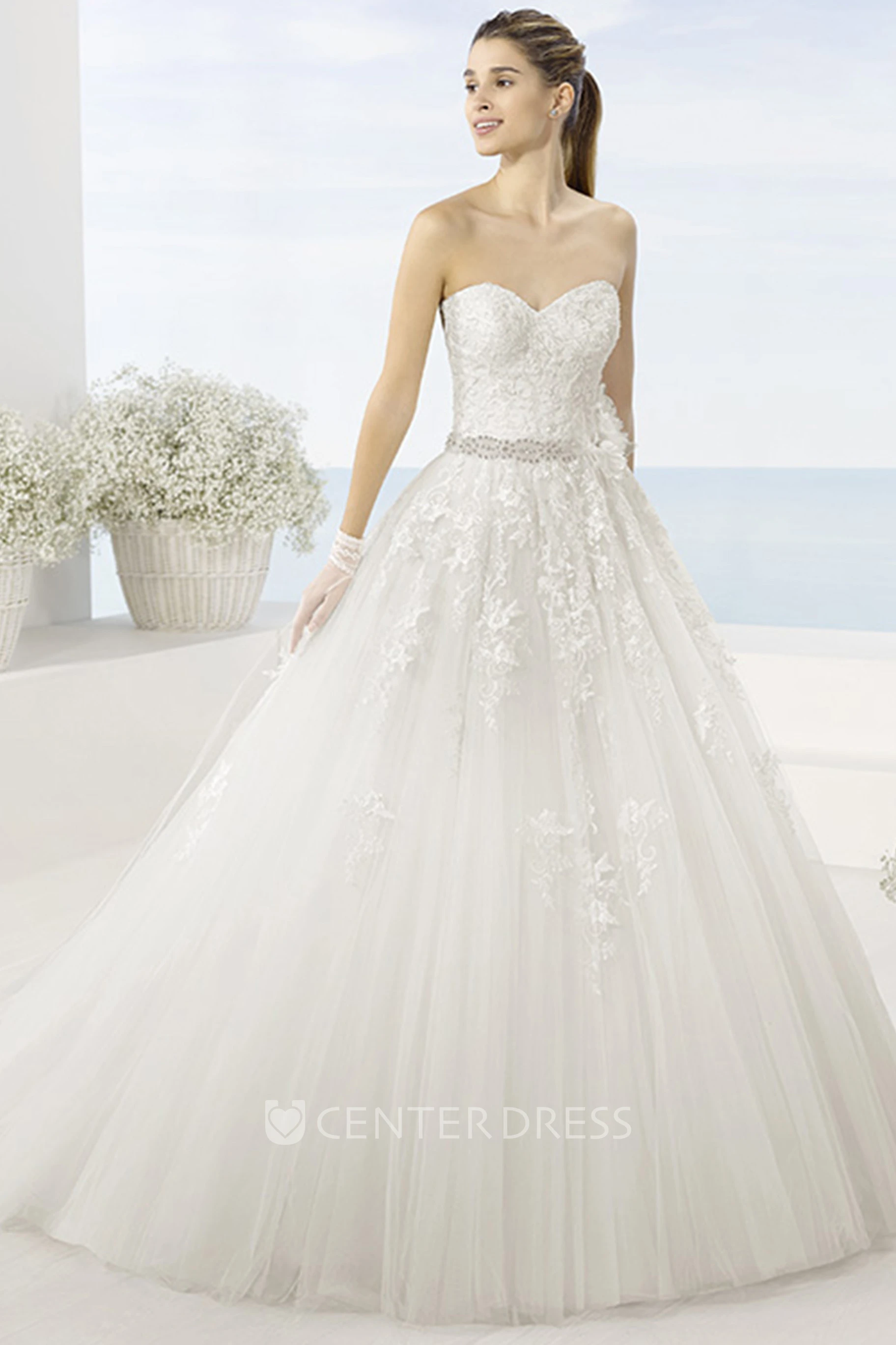 Ball Gown Jeweled Floor-Length Sweetheart Tulle Wedding Dress With Appliques And Chapel Train