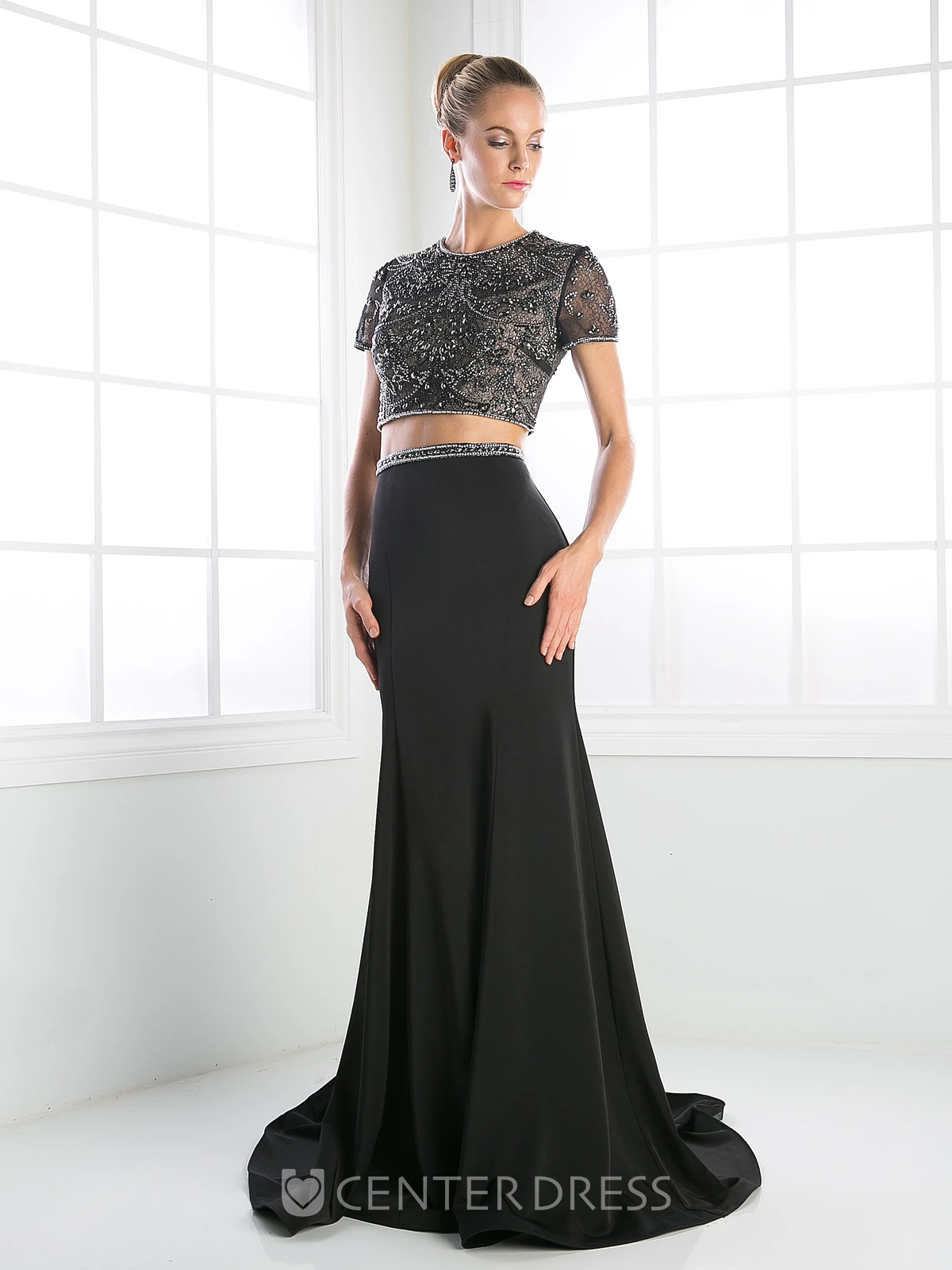 Two-Piece Sheath Jewel-Neck Short Sleeve Jersey Zipper Dress With Beading