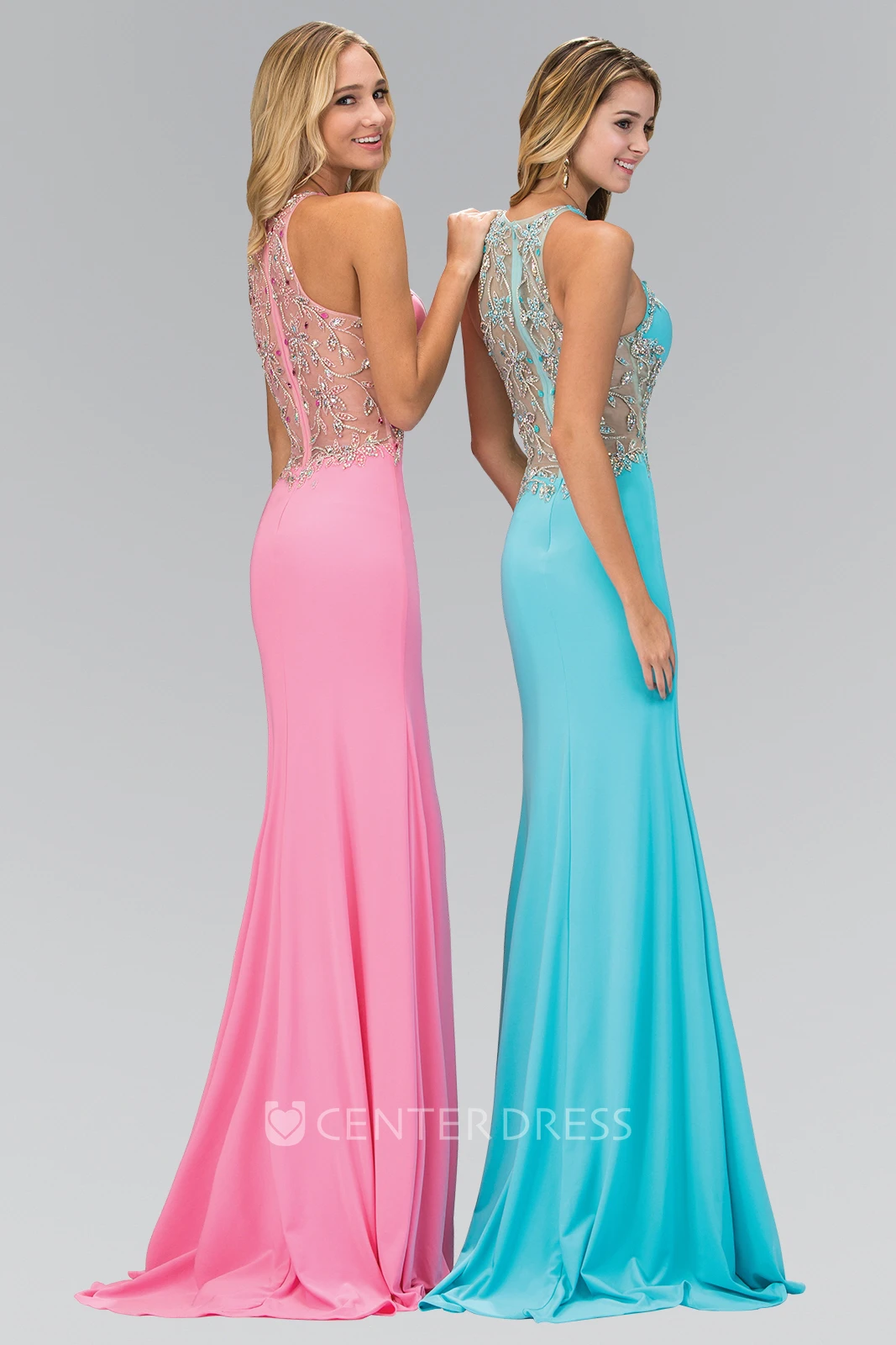 Sheath Long Jewel-Neck Sleeveless Jersey Illusion Dress With Beading And Split Front
