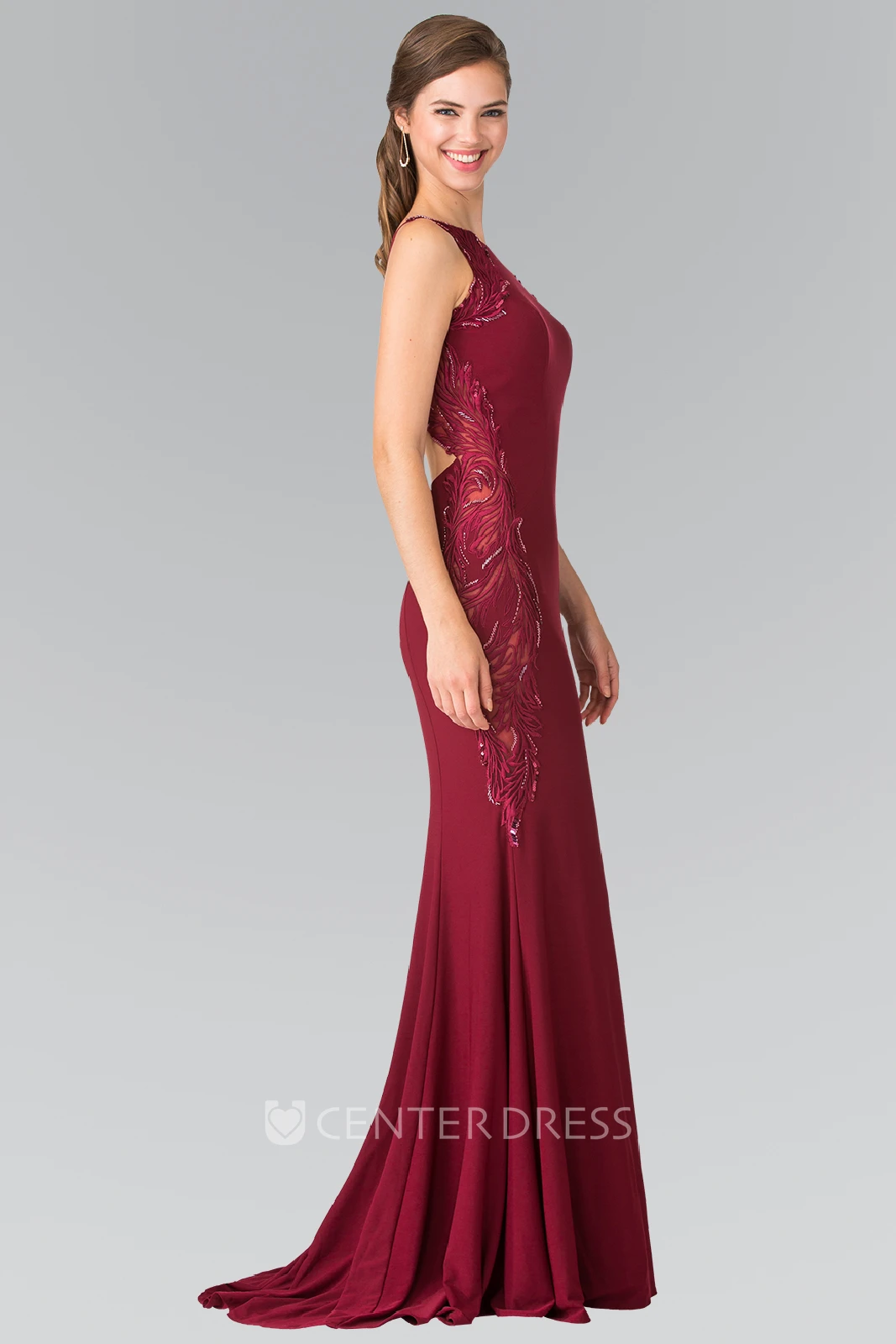 Sheath Long Scoop-Neck Sleeveless Jersey Keyhole Dress With Embroidery And Pleats