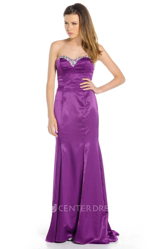 Sheath Sleeveless Beaded Sweetheart Floor-Length Satin Prom Dress