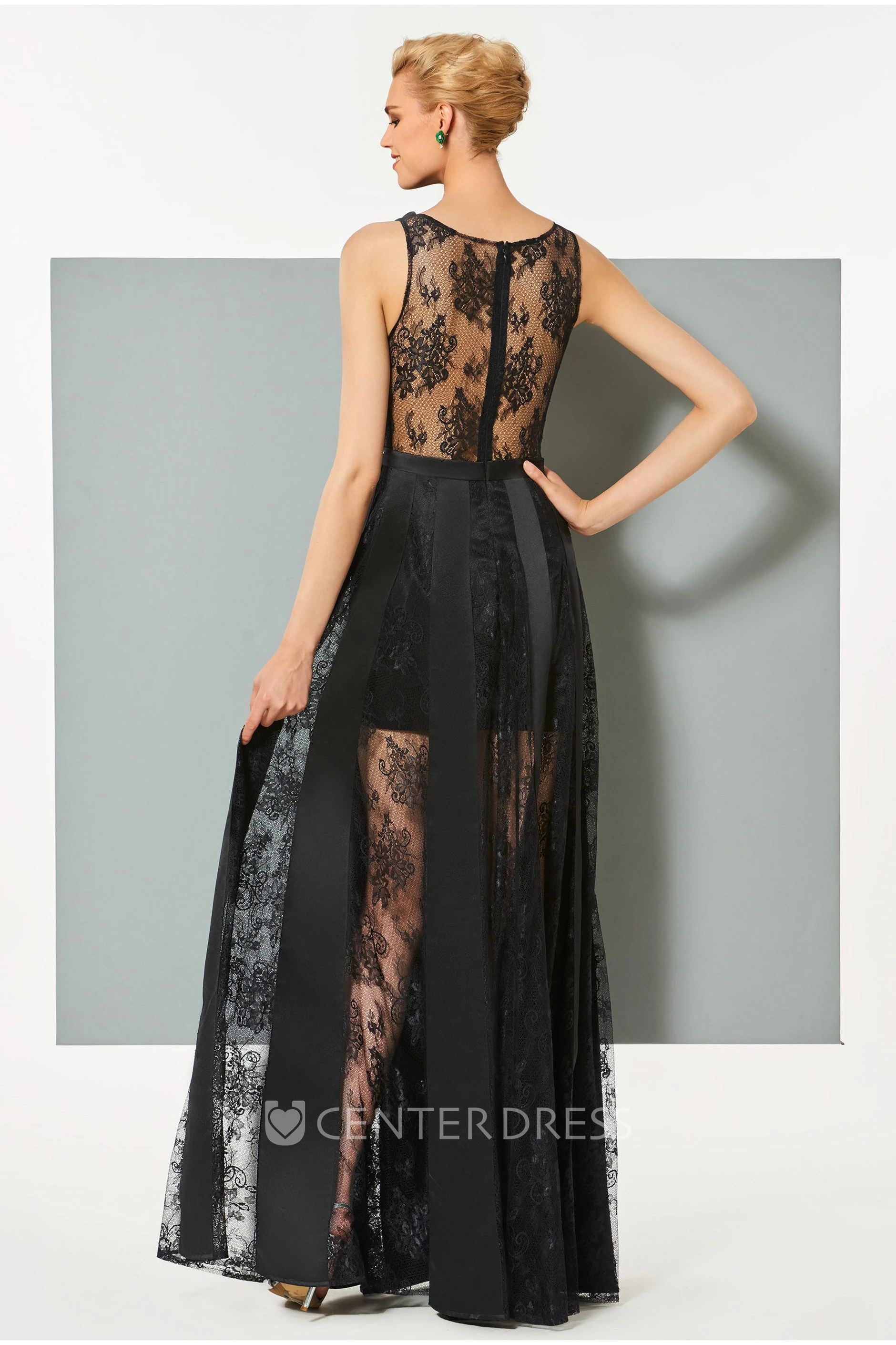 Sexy Satin and Tulle Sheath Bateau Front Split Long Dress with Applique