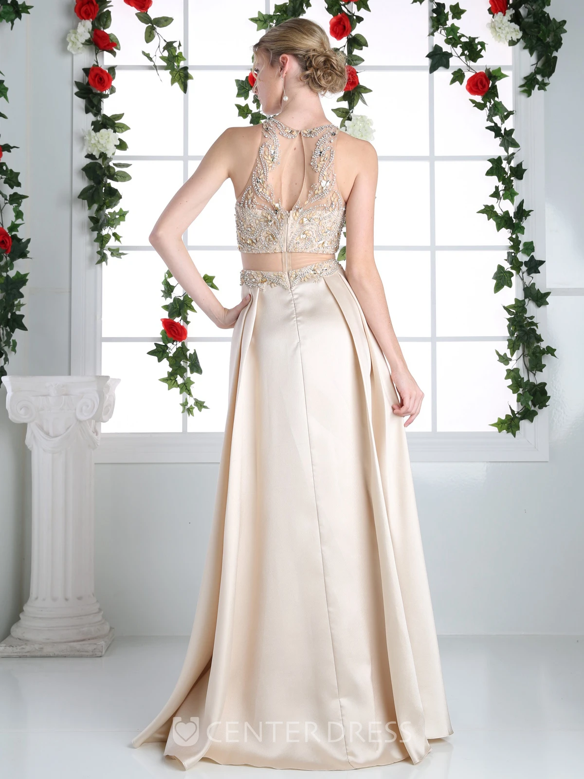 Two-Piece A-Line Long Jewel-Neck Sleeveless Satin Illusion Dress With Crystal Detailing