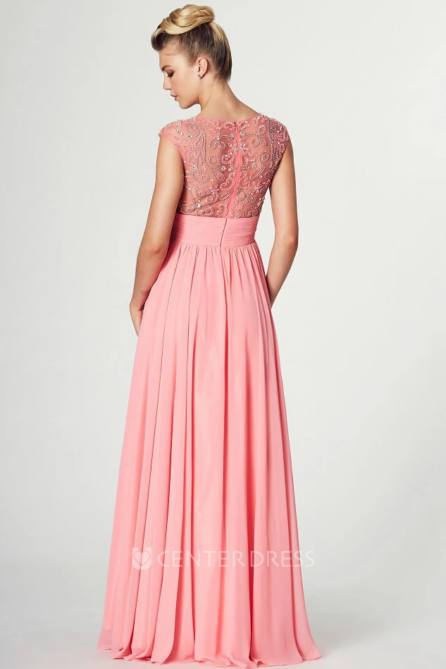 Maxi Ruched Sleeveless Scoop Neck Chiffon Prom Dress