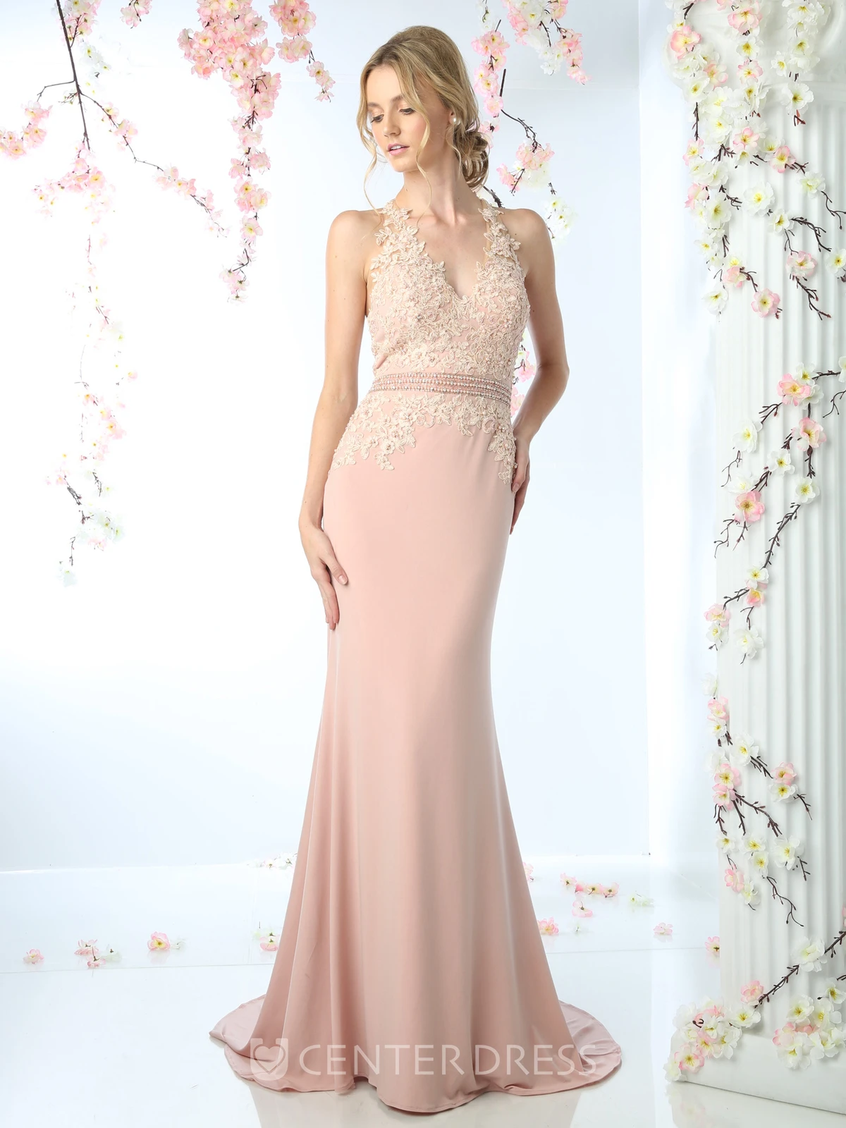 Sheath Long V-Neck Sleeveless Jersey Dress With Appliques And Waist Jewellery