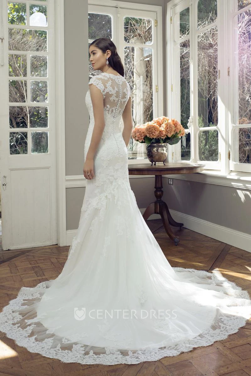 Sheath Cap-Sleeve V-Neck Lace Wedding Dress With Illusion