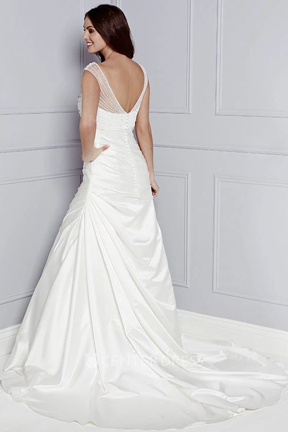 A-Line Cap-Sleeve Floor-Length Beaded V-Neck Taffeta Wedding Dress With Ruching And Side Draping