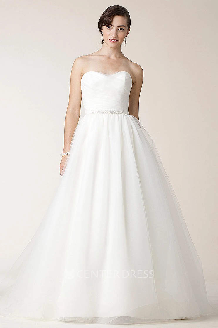 Ball Gown Jeweled Sweetheart Tulle Wedding Dress With Criss Cross And Bow