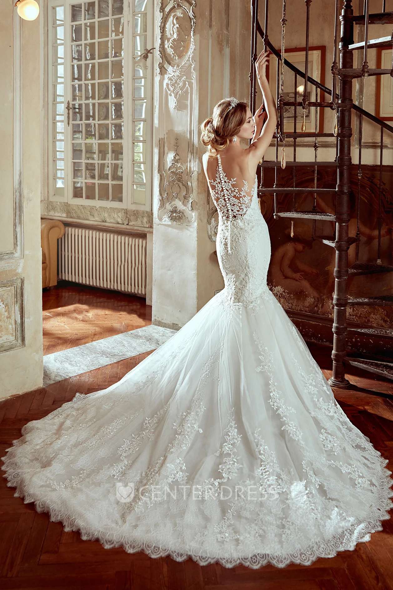 Strap-Neck Lace Wedding Dress with Mermaid Style and Illusive Back