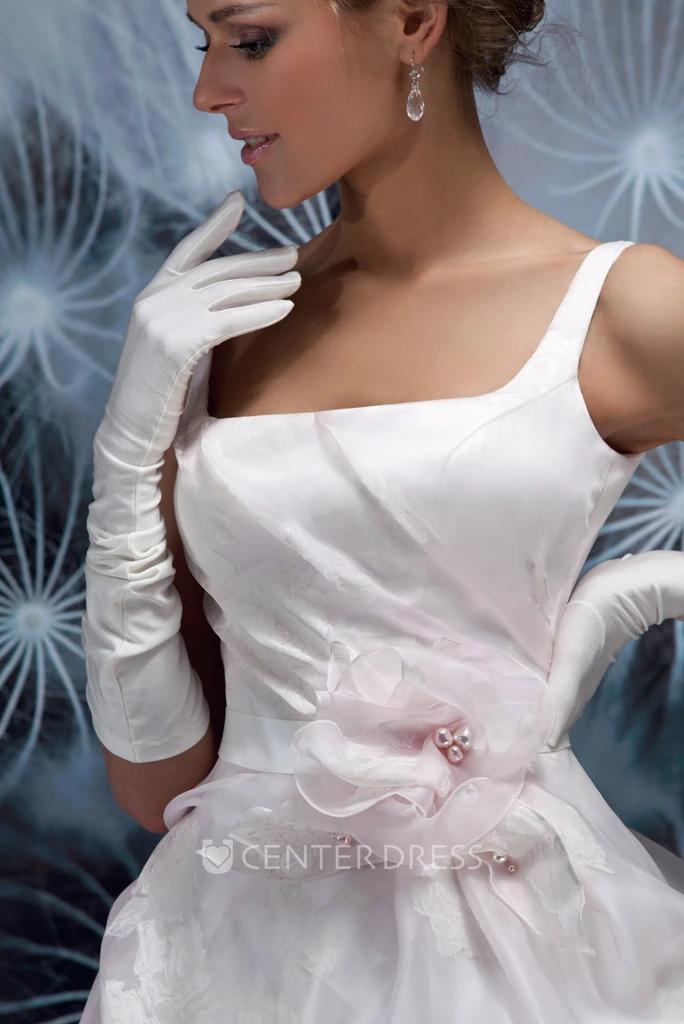 A-Line Sleeveless Long Ruffled Square Satin Wedding Dress With Pick Up And Flower