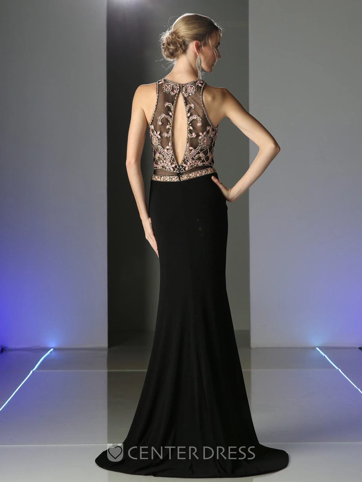 Sheath Scoop-Neck Sleeveless Jersey Illusion Dress With Split Front And Beading