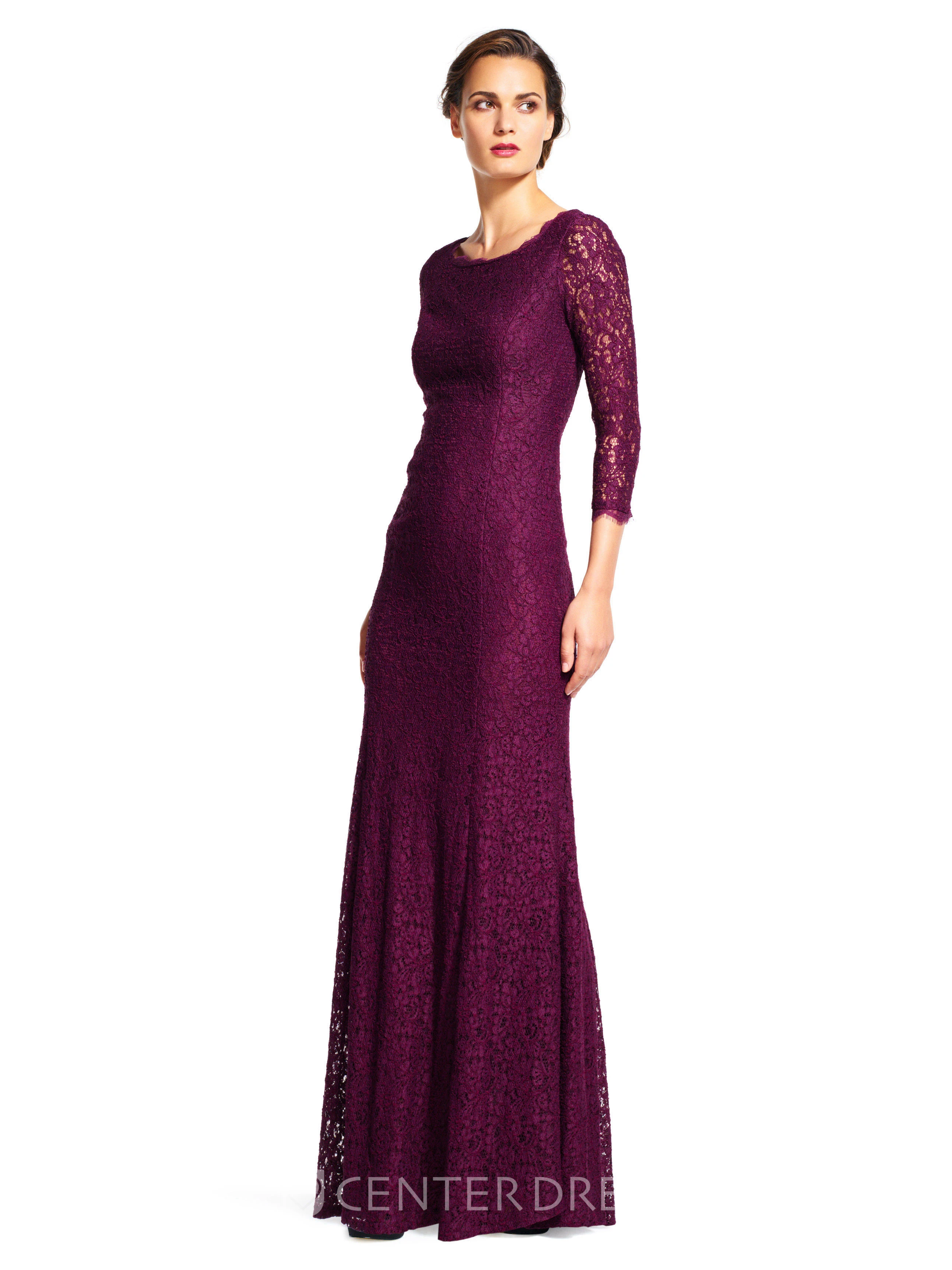 Sheath 3-4-Sleeve Maxi Scoop-Neck Lace Bridesmaid Dress With V Back