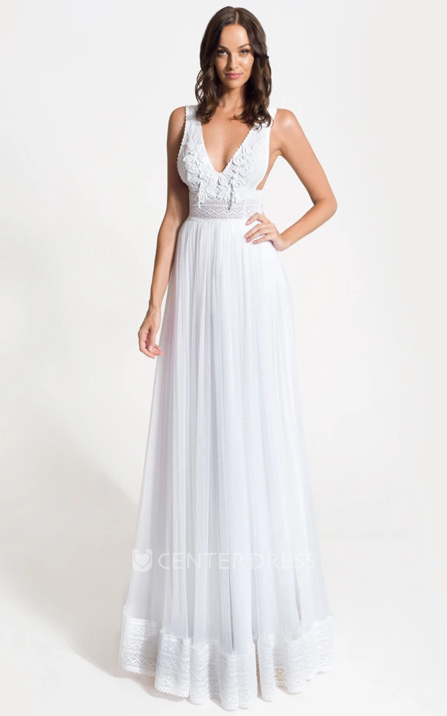 Greek V-neck A-Line Lace Tulle Wedding Dress With Button Back And Pleats