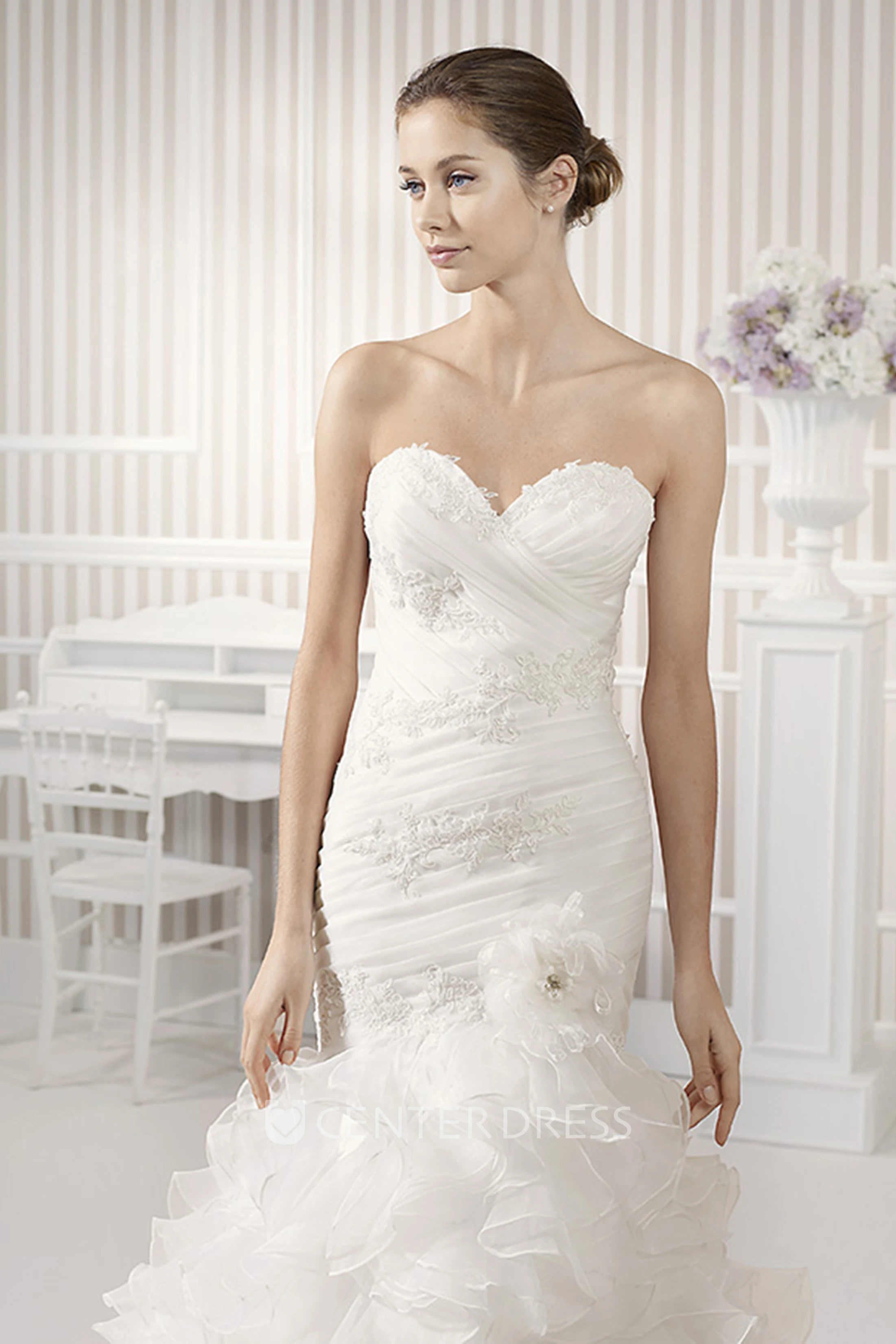 Mermaid Sweetheart Organza Wedding Dress With Criss Cross And Ruffles