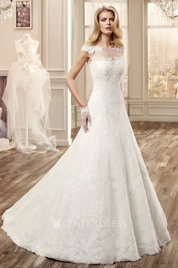 Cap-Sleeve Long Wedding Dress With Illusive Neckline And Court Train