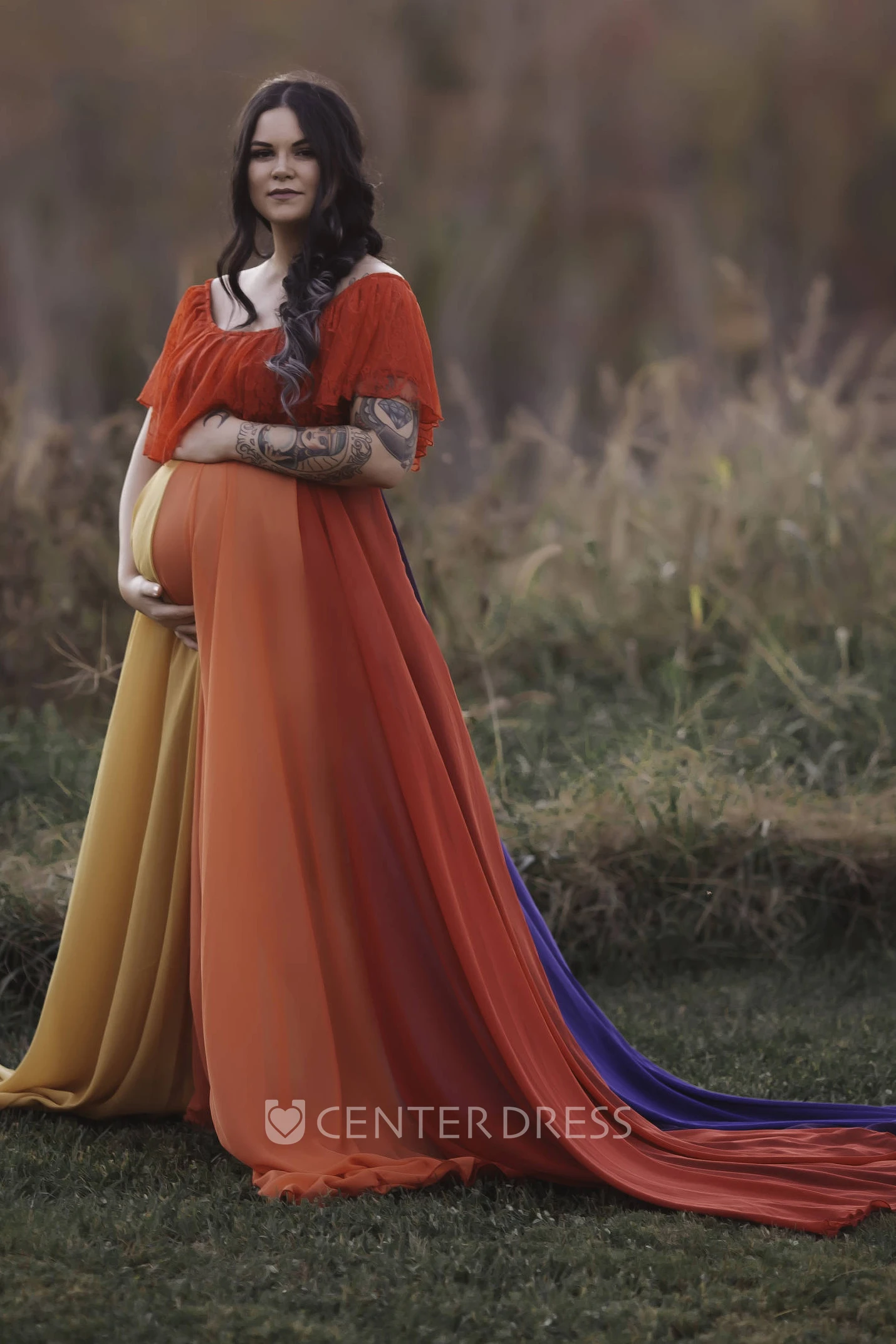 A-Line Sweep Brush Train Long Sleeve Empire Maternity Dress