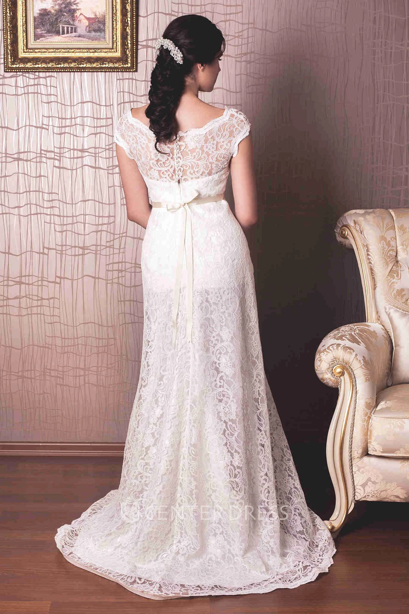 Sheath Floor-Length Cap-Sleeve Bateau-Neck Lace Wedding Dress With Waist Jewellery And Appliques