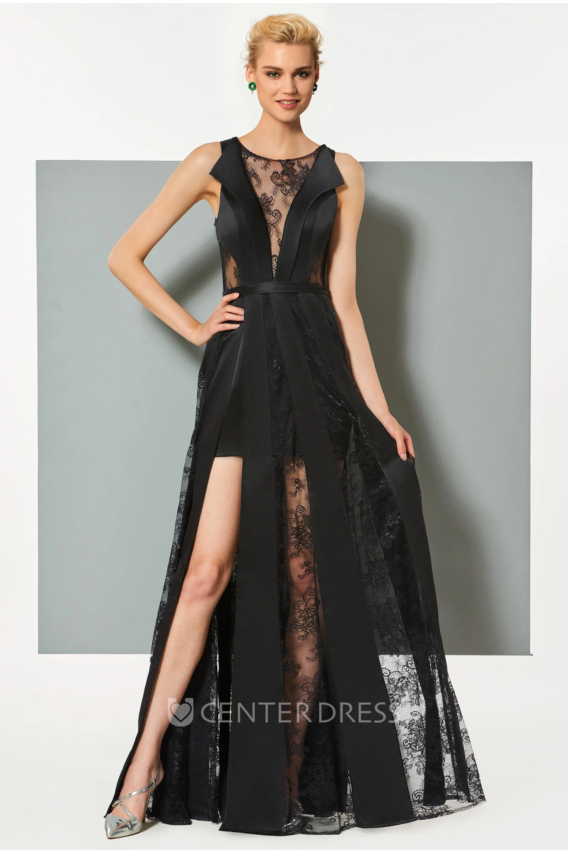 Sexy Satin and Tulle Sheath Bateau Front Split Long Dress with Applique