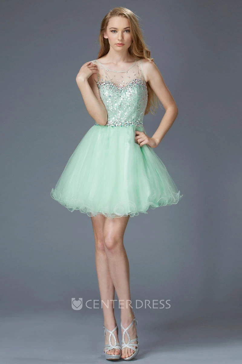 A-Line Short Scoop-Neck Sleeveless Tulle Illusion Dress With Sequins